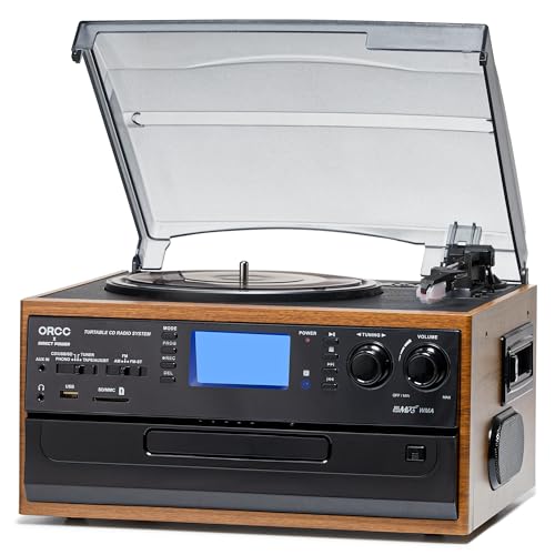 ORCC 10-in-1 Vinyl Turntable Record Player with Bluetooth, Turntable with Built-in Speaker CD Cassette and FMAM Radio Combo, AUX in RCA Out USB MP3 Recording Headphone Jack, Copmact & Portable