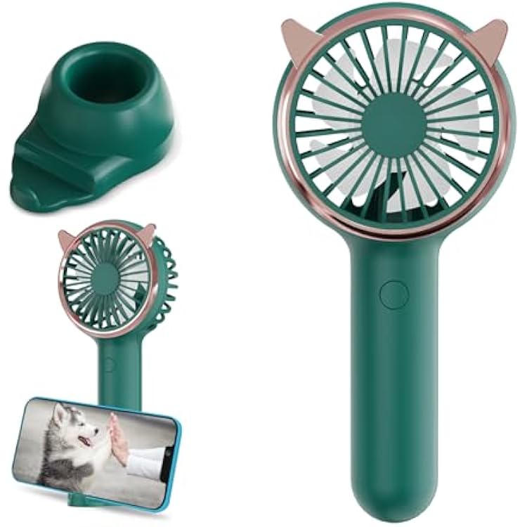 Handheld Mini Portable Fan, USB Desk Fan with Base as a Phone Holder, Cat Ear Design Battery Operated Fans with RGB Color Light, Personal Fan for Kids,Women,Indoor,Outdoor,PartyCat-Dark-green
