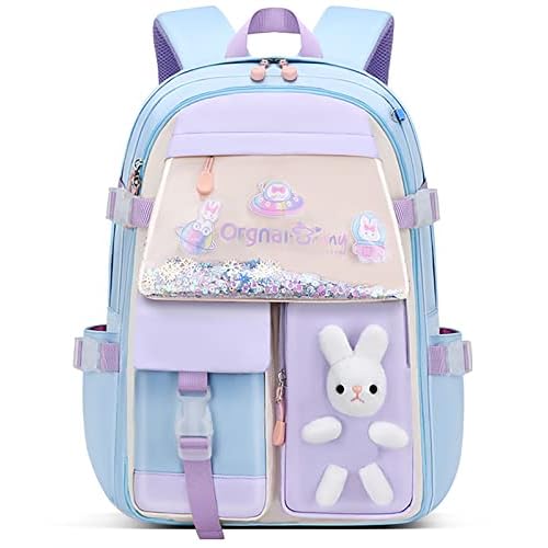 MCWTH School Backpack for Girls, Lightweight Waterproof Cute Bunny School Bookbag for Teen Kids Students Elementary Rabbit Blue