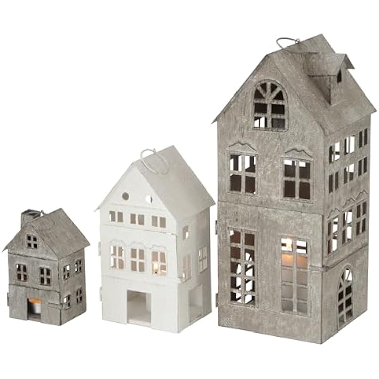 Americana Main Street Town House Candle Lanterns, Set of 3, Vintage Style, Weathered White and Rustic Gray, Metal, Hinged Doors, 14 12, 8 34 and 5 18 Inches Tall