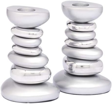 Yair Emanuel Zen Stone Tower Candlestick Holders for Shabbat and Yom Tov | Anodized Aluminum Modern Design (Silver (CSG-1))