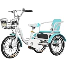 Children Tricycles,Kids Tandem Tricycle,Outdoor Toddler Trike with Child Back Comfortable Seat Double People 3 Wheel Bicycle with Basket, Ideal Gift for Kids,Green,14inch