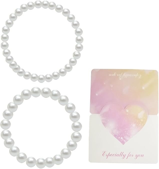 Pearl Bracelets for Women, Faux Elastic Pearl Bracelets Set with Card, Stretch Beaded Bracelets for Mother, Wife, Girlfriend, Daughters, Sisters, Friends, Bridal Bridesmaid