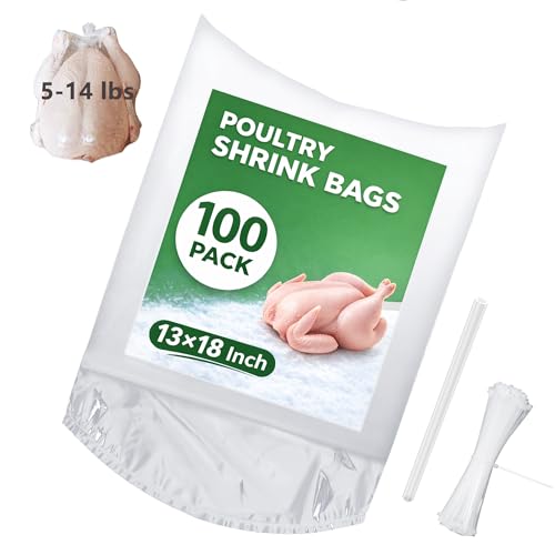 Poultry Shrink Bags 13x18 100 Pack BPA Free Freezer Safe Heat Shrink Bags for Chicken, Turkey, Rabbit with 100 Zip Ties & Silicone Straw
