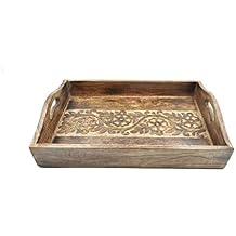 STORE INDYA Rustic Large Wooden Serving Tray Platter for Tea Snack Dessert with Handle Hand Carved Floral Design. Kitchen Dining Serve-Ware Accessories 14 x 10 Inches