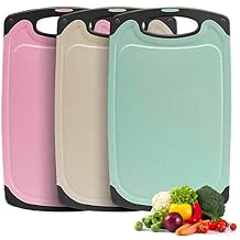 Kitchen Cutting Board Set 3 Piece Wheat Straw Plastic Cutting Boards for Kitchen with Juice Grooves Easy Grip Handle Bpa Free Non Porous Non Slip Dishwasher Safe Chopping Board (Beige + Green + Pink)