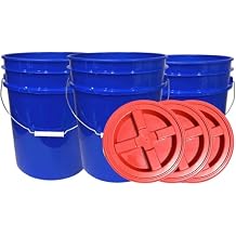 House Naturals 5 Gallon Food Grade Blue Bucket with Red Screw on Lid- 3 Pack- Made in USA