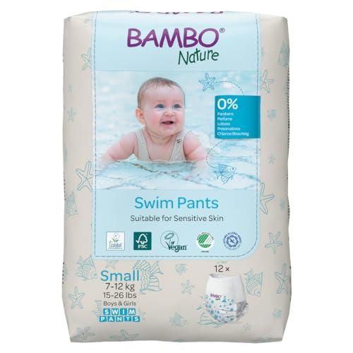Bambo Nature Hypoallergenic Swim Pants, Eco-Labeled Swim Diapers, Double Leak Barriers - Small 12 Count