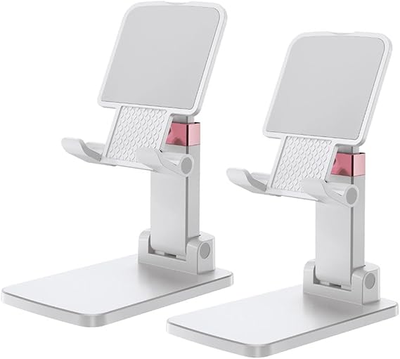 Phone Stand for Desk, Cell Phone Holder Adjustable Office Cellphone Stand for Desk Adjustable Tablet Stands Compact Design for iPhone iPad Android Devices Under 12", White,2Pack