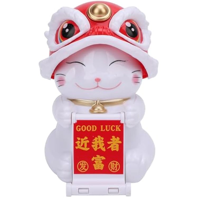 Yosoo Premium Plastic Lucky Cat Solar Powered Car Dashboard Ornament Nodding Chinese Lion Dance Home Decor for Office Red