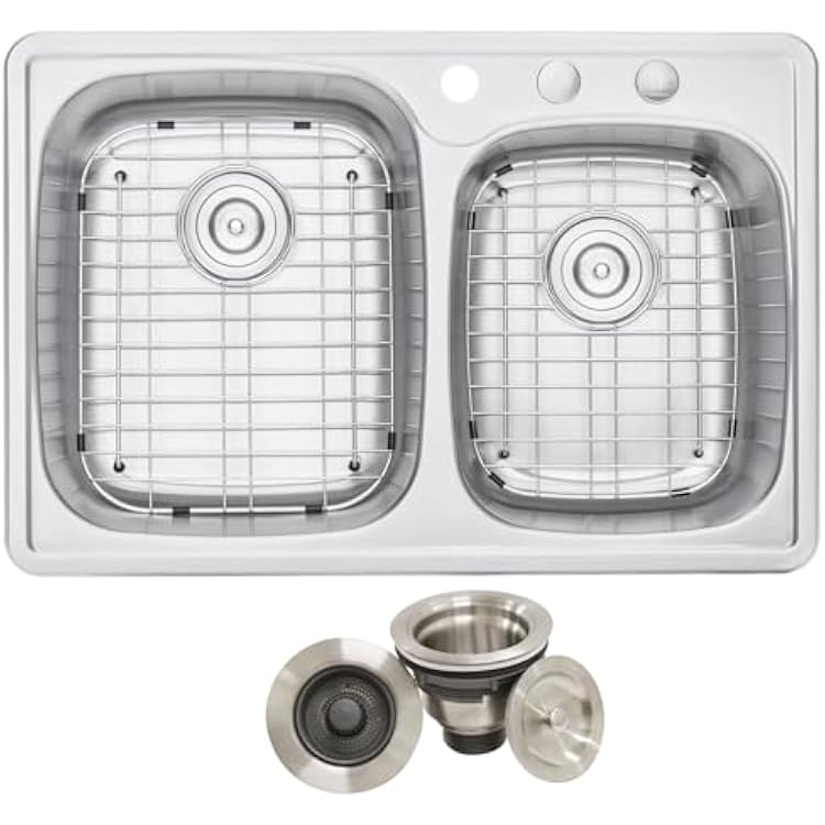 CozyBlock 33 x 22 x 9 Inch 6040 Offset Top-mountDrop-in Stainless Steel Double Bowl Kitchen Sink with Strainer and Protective Bottom Grid - 18 Gauge Stainless Steel-3 Faucet Hole