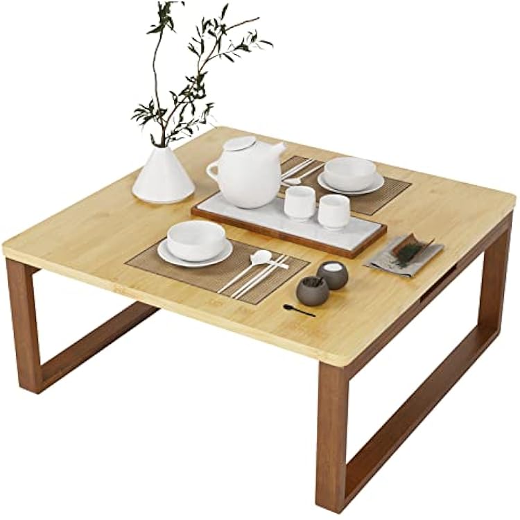 soges Small Foldable Coffee Table, Wooden Low Table for Sitting on The Floor, Bamboo Floor Desk, Japanese Dining Table, Tatami Table for Living Room Bedroom, 60HSLZCT03BB