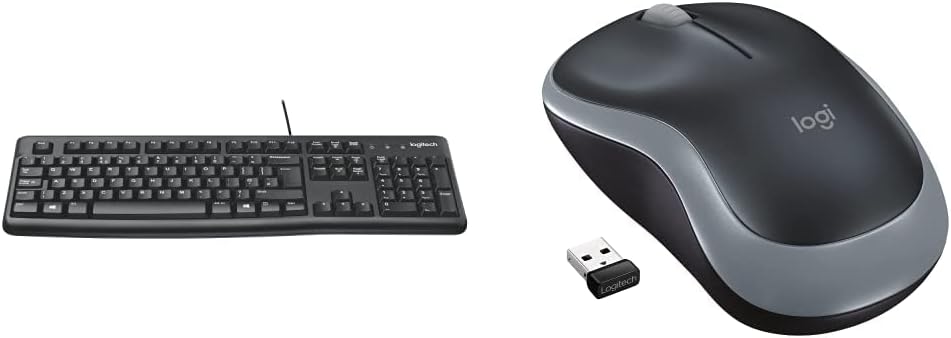 Logitech K120 Wired Keyboard for Windows, Black & M185 Wireless Mouse, 2.4GHz with USB Mini Receiver, 12-Month Battery Life, 1000 DPI Optical Tracking, Ambidextrous, Grey
