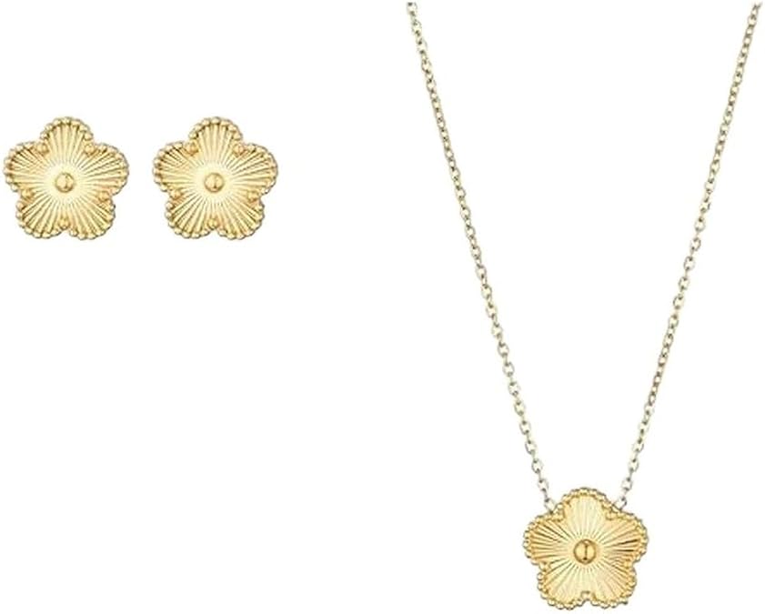 New 2026 Arrive 2Pcs Double Sided Plant Flower Jewelry Set For Women Hers Trend Daily Wear Stainless Necklace Earrings Black White Fashion Trendy Accessories Creative Gift