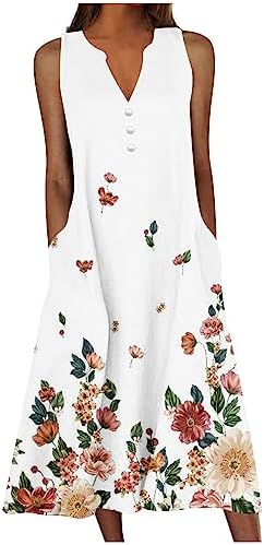 Women's Summer Design Casual Dress Sleeveless V-Neck Dress with Pockets Loose Flowy Swing Pleated Long Beach Dress