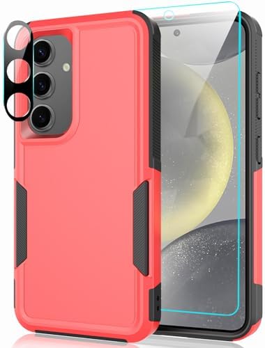 Designed for Samsung Galaxy S24 Case with Tempered Glass Screen Protector & Camera Lens Protector,Heavy-Duty Tough Rugged Slim Shockproof Phone Case for Galaxy S24 6.2, 2024[RedBlack]