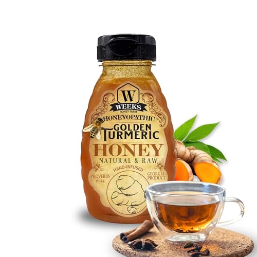 Weeks Honey Farm | Golden Turmeric Raw Honey Infused Supplement - 100% Pure Unfiltered American Honey for Joint Support | Gluten-Free, Natural Wellness | 8oz Easy-Pour Squeeze Bottle