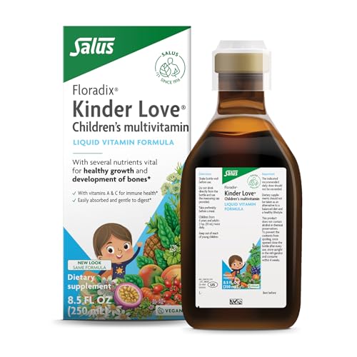 Floradix Kinder Love Childrens Multivitamin - Herbal Supplement - Liquid Multivitamin for Kids - Vitamins A, C, D & E, Calcium & More - Vegetarian, Non-GMO, Gluten-Free - 8.5 fl oz