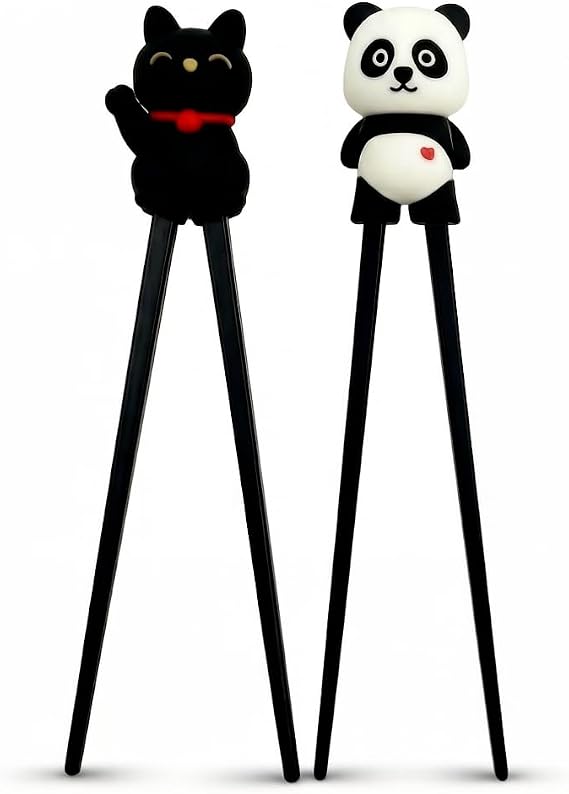 2 Pairs Training Chopsticks Set, Panda & Lucky Cat Beginner Chopsticks, Reusable Non-Slip Learning Chopsticks for Kids Adults, Heat-Resistant Asian Food Utensils for Sushi Ramen Noodles