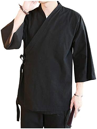 Men's Chinese Style Linen Cardigan Jacket loose kimono Jacket Solid Color Self-tie Hanfu Traditional Clothing