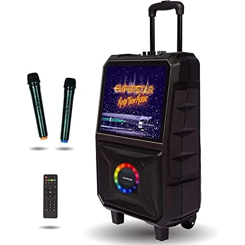 Professional Karaoke Machine with Lyrics Display, Bluetooth Portable Singing PA Speaker System for Christmas Party, Built-in 15 Tablet, LED Lights, 2 Wireless Microphones, USB, AUX, SD & FM Radio