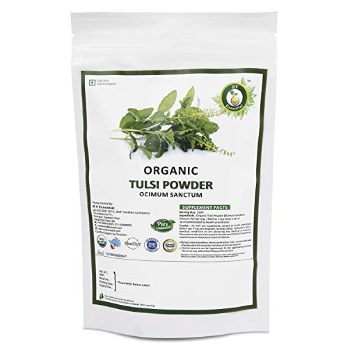 R V Essential Organic Tulsi Powder 200gm 7.05oz 0.44lb- Ocimum Sanctum Tulsi Leaf Powder Holy Basil Powder USDA Organic Certified Ayurvedic Supplement in Resealable and Reusable Zip Lock Pouch