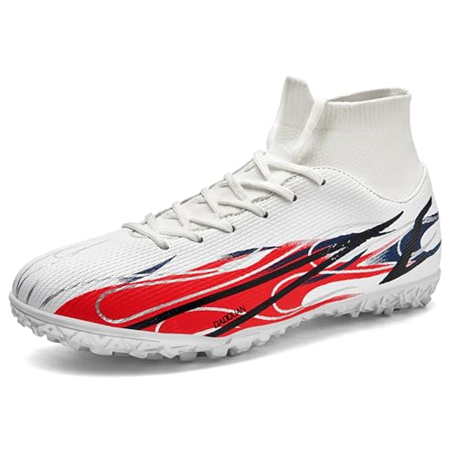 Mens Soccer Shoes Football Cleats Athletic High-Top Breathable Soccer Boots Spikes Anti-Slip Outdoor Indoor Training Turf Football Sneaker White