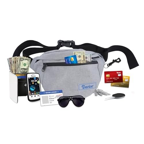 Darice Fanny Pack Phone Wallet Purse Set for Boys - Pretend Play Toy Money Purse Set for Kids - Kids Fanny Pack Playset with Toy Wallet, Money, Keys, Credit Card, Phone, Glasses and More