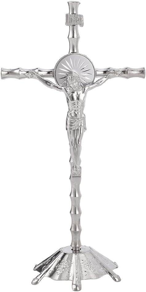 HOBBIESAY Standing Crucifix 8.54" H Alloy Crucifix Table Cross Spiritual Christian Jerusalem Platinum Cross Statue with Base for Table Wall Inspirational Home Church Decoration