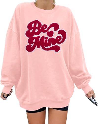VILOVE Valentine Sweatshirts for Women Be Mine Glitter Patch Valentine Shirts Oversized Love Heart Holiday Outfits