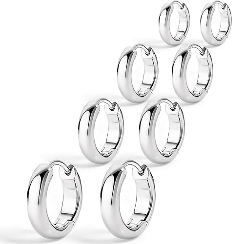 Chunky Gold Hoop Earrings Set for Women 4 Pair, 14K Gold Plated 925 Sterling Silver Post Small Hoop Earrings Thick Lightweight Gold Earrings Stack for Women