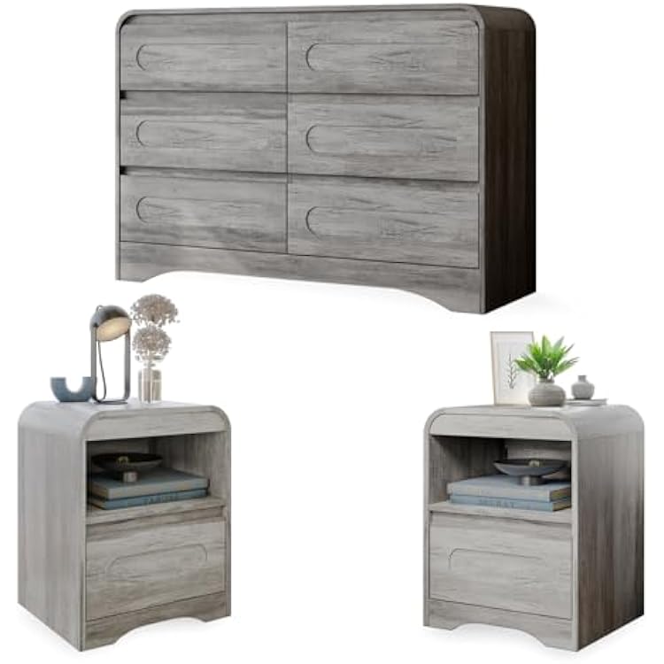 3 Piece Bedroom Set, Dresser and Nightstand Sets for Bedroom, Wood 6 Drawer Dresser & Night Stand Set of 2, Wide Chest of Drawers Modern Storage Cabinet Bedroom Furniture Set, Grey