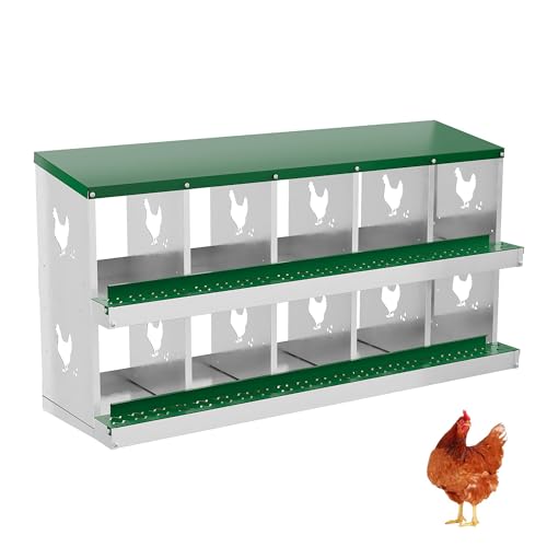 Heavy Duty Galvanized Metal Chicken Nesting Box - Rustproof Egg Laying Box for Hens with Slanted Roof, Rollout Design - Wall Mount or Freestanding Poultry Nest for Chicken Coop 10-Hole