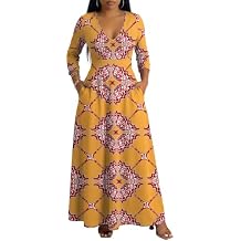 FANDEE Women's Dresses Church Loose Fit V Neck Dress with 3/4 Sleeve and Belt Design Casual Long African Attire Dress