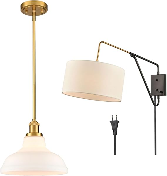 HOLKIRT Modern Dome Pendant Light Fixtures and Plug in Swing Arm Wall Sconce Bundle