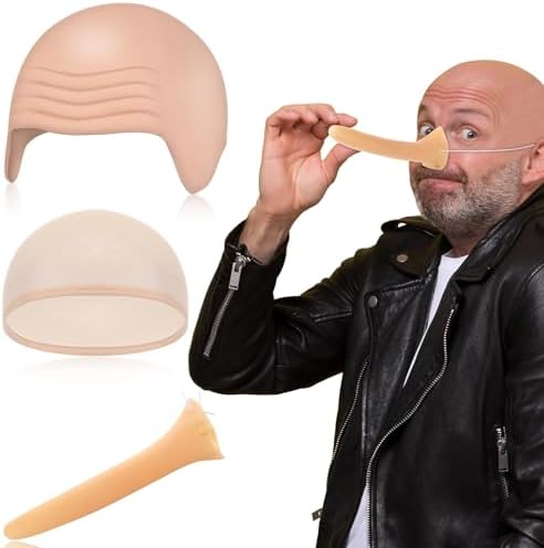 Syhood 3 PCS Bald Cap Makeup Kit - Latex Wig Caps, Long Fake Nose Accessories for Men Women Adults Teens - Fairy Tale Costumes for Cosplay Nude Color, Classic