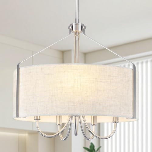 Drum Chandelier for Dining Room, 5-Light Modern Brushed Nickel Chandelier with Linen Shade, 18 Hanging Linen Drum Pendant Ceiling Light Fixture for Entryway, Foyer, Living Room, Kitchen, Bedroom