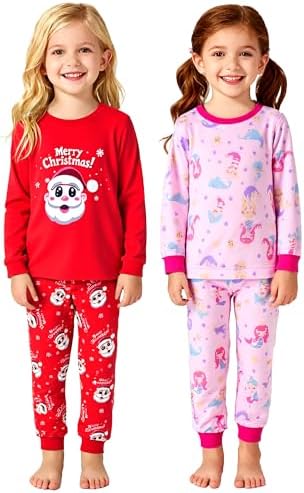 GRPSKCOS Girls Christmas Pajamas 4 Piece Girls Kids Sleepwear Toddler Long Sleeve Pajamas Winter Nightwear Age 2-12 Years