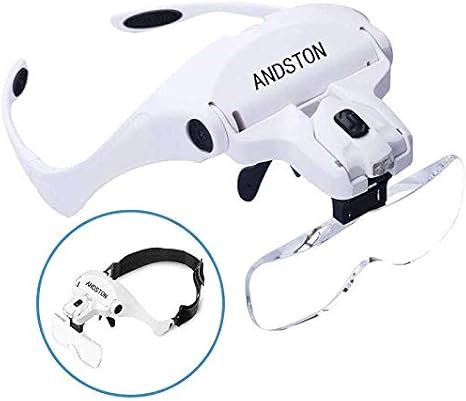 Işıklı büyüteç gözlüğü, eller serbest kafa bandı, büyüteç, 2 LED ışıklı, hobi, okuma, elektrikçi, kuyumcular, dikiş, onarım ve yaşlılar için, 5 değiştirilebilir objektif (1,0 x ila 3,5 x arası)