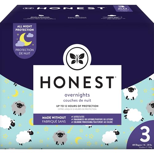 The Honest Company Comfort Dry Disposable Overnight Diapers Plant-Based Sustainable Sleepy Sheep Club Box Size 3 16-28 lbs 60 Count