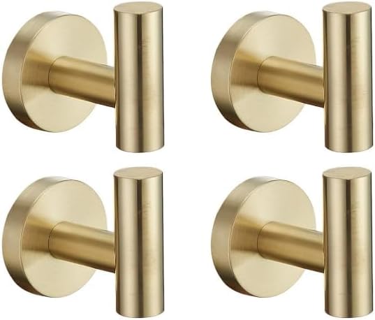 IUSOT 4 Pcs Bathroom Towel Hooks, Stainless Steel Heavy Duty Wall Hooks with Screws, Brass Hooks, Brushed Brass Bathroom Accessories, Gold Hooks for Bathroom Kitchen Garage  