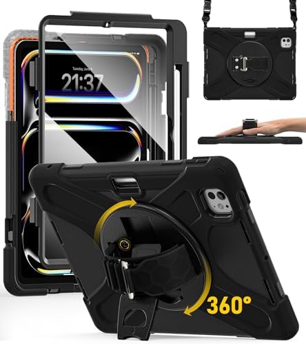 BRAECN Case for iPad Pro 11 inch M5 2025 & M4 2024, 4 Layers Heavy Duty Full-Body Protection Screen Protector Pencil Holder, 360 Rotating Handle Kickstand, Shoulder Strap Kids Friendly