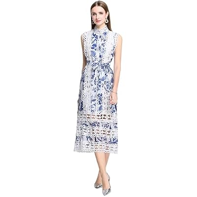 LAI MENG FIVE CATS Womens Sleeveless Hollow Out Lace Button Up Casual Midi Party Dress with Belt