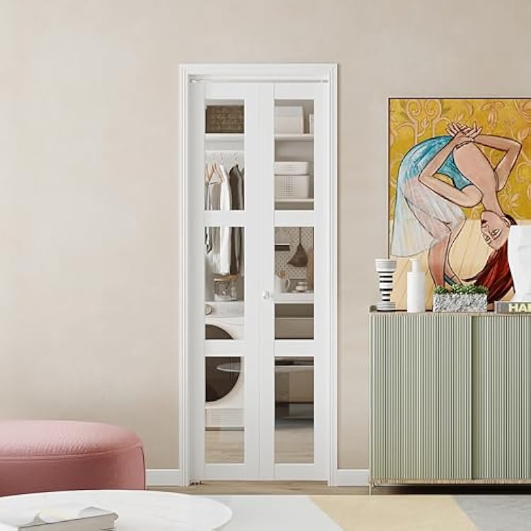 BARNER HOME Bifold Door, 3-lite Clear Glass Closet Door for 24x 80 Opening, Folding Doors with Hardware Kits, MDF, White Multifold Interior Doors