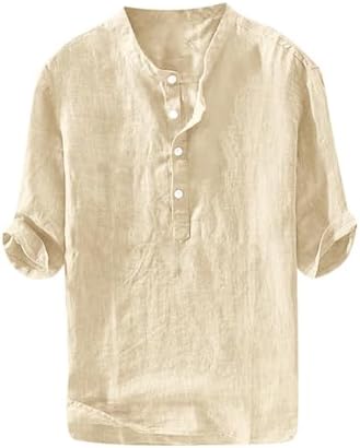 Ryannology Mens Linen Shirts Casual Cotton 34 Sleeve Regular-Fit Henley T-Shirt Summer Lightweight Beach Yoga Tops