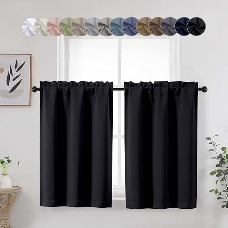 Cafe Curtains Tier 36 Inch Length 2 Panels, Short Thermal Insulated Room Darkening Small Kitchen Window Blackout Curtains Over Sink for Bathroom Basement, Black, Each 30 Wx36 L