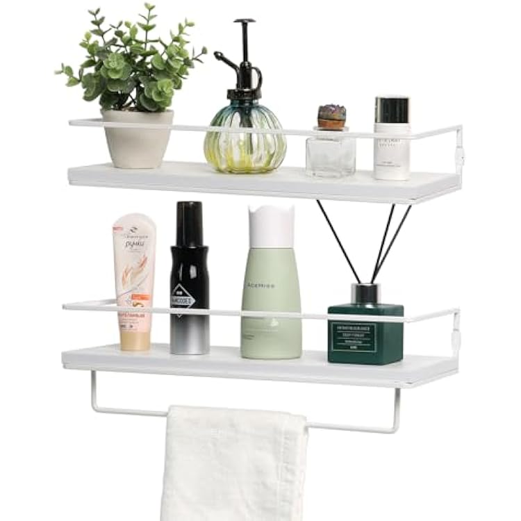 Floating Bathroom Wood Shelves Set of 2 Wall Mounted Shelf with Black Metal Frame and Towel Rack for Bathroom Over Toilet Storage and Organizers for Bedroom Living Room Kitchen OfficeWhite
