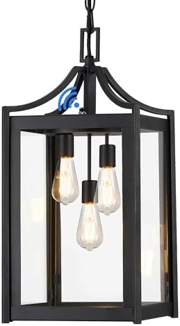 Outdoor Pendant Lights for Porch, 18.5" Large Dusk to Dawn Outdoor Chandelier with Clear Glass, Black Modern Hanging Porch Light, Adjustable Long Chain, OS-KY1004
