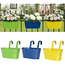 Metal Railing Planter for Outdoor Plants - 3 Pack Balcony Hanging Planter Box with Detachable Hooks and Drain Holes Oval Hanging Pots Fence Planters for Railing Garden Fence, Green Yellow Blue