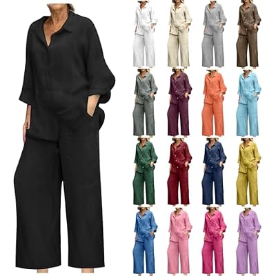Two Piece Sets for Women Cotton Linen Lounge Set Long Sleeve Henley Shirt and Wide Leg Pants Matching Sets Outfits